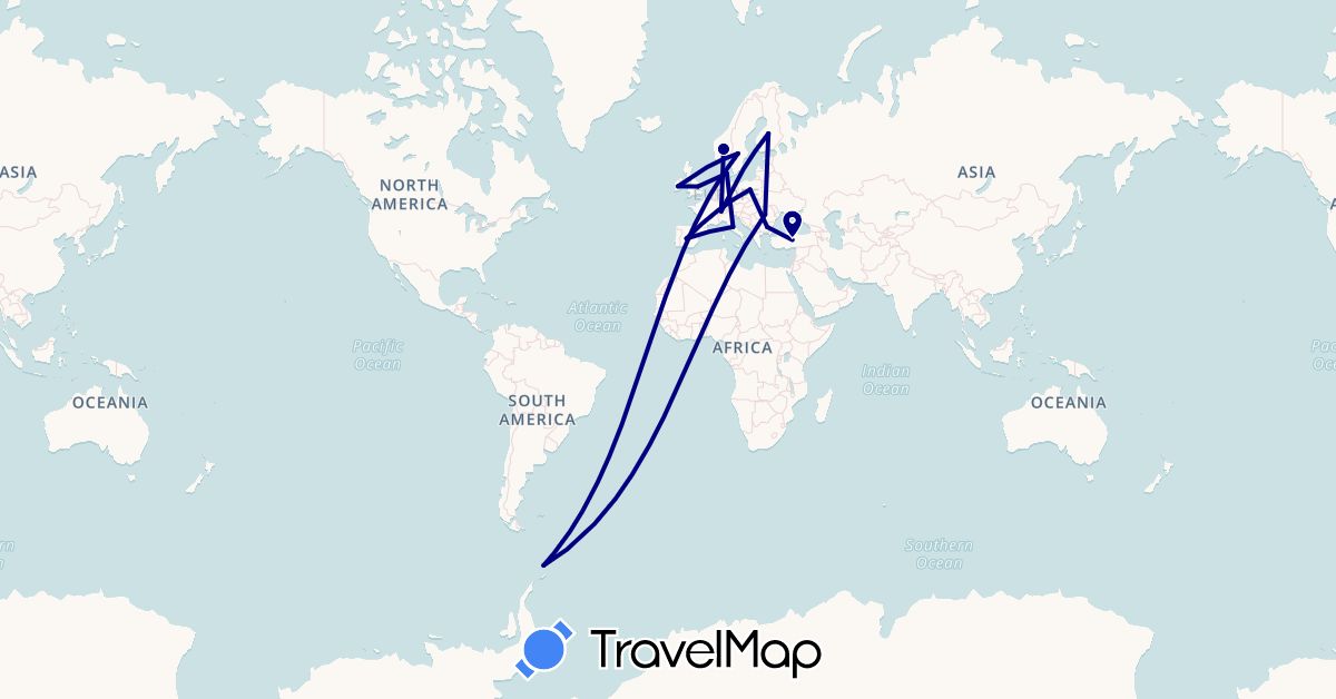 TravelMap itinerary: driving in Bulgaria, Switzerland, Denmark, Spain, Finland, United Kingdom, Ireland, Italy, Norway, Poland, Romania, Sweden, Turkey (Asia, Europe)